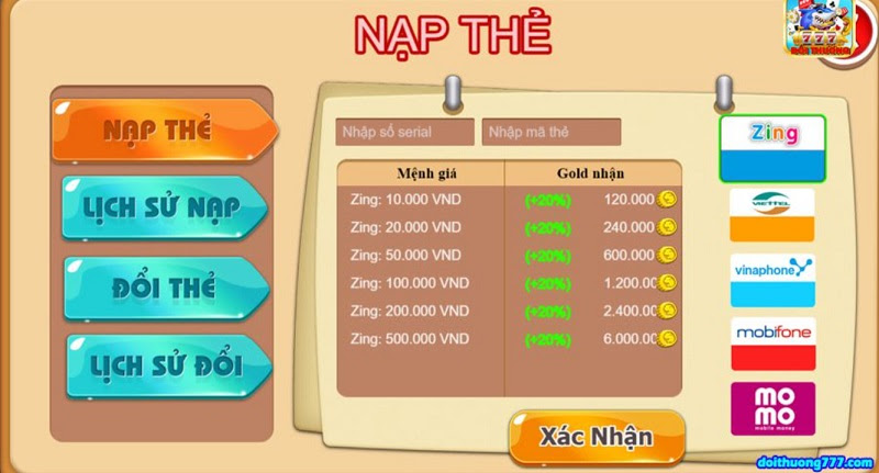 Đầy đủ các loại thẻ cào tại cổng game bắn cá đổi thưởng