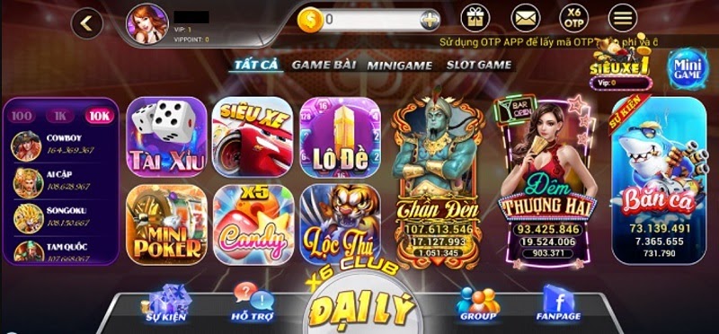 Giao diện thu hút của cổng game X6 Club