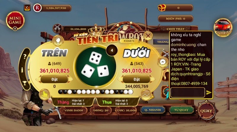 Minigame Trên Dưới tại cổng game Royvin