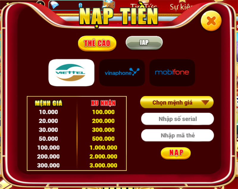 Nạp tiền nhanh chóng tại cổng game Bancazui