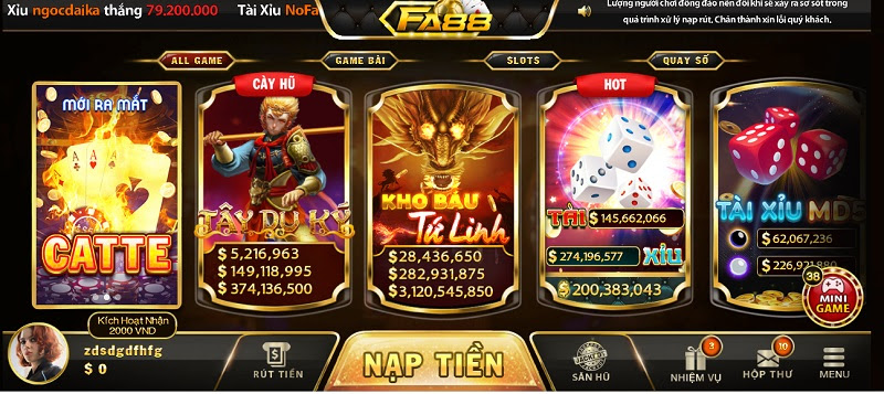 Kho game đặc trưng tại cổng game Fa88