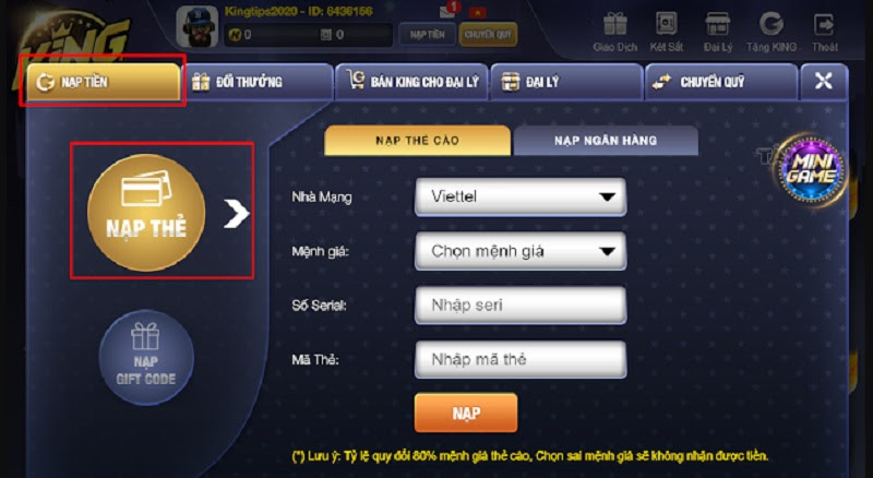 Cách nạp tiền tại cổng game King Tips