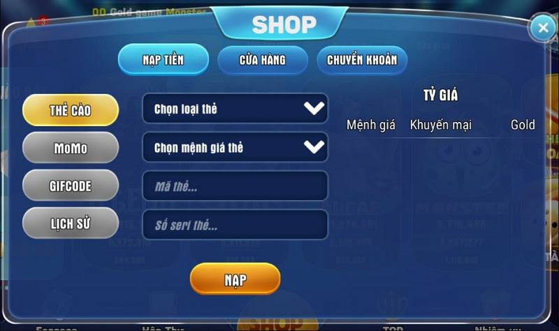 Thao tác nạp tiền tại cổng game Megawin