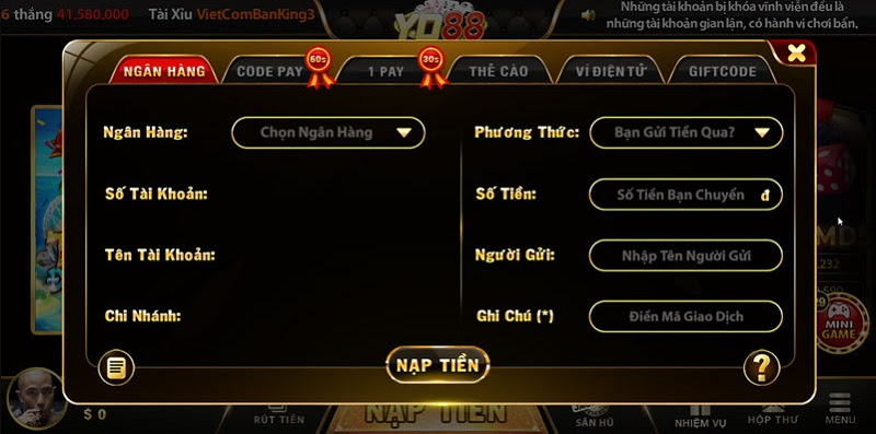 Hướng dẫn nạp tiền tại cổng game Y88