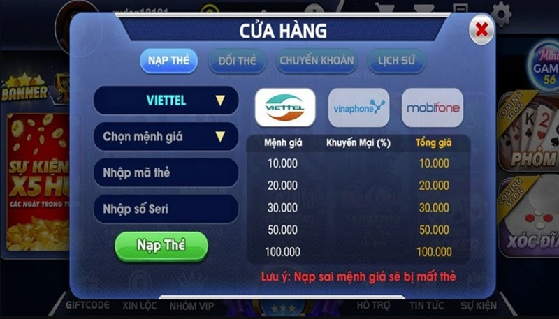 Nạp tiền tại cổng game V68