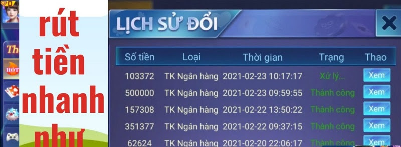 Thao tác rút tiền siêu nhanh