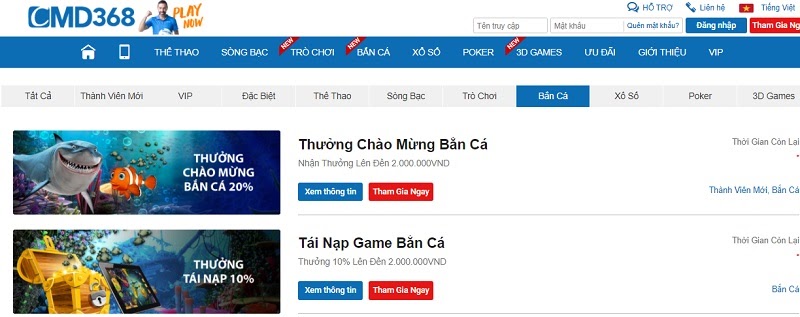 Các tựa game tại khu vực bắn cá CMD368